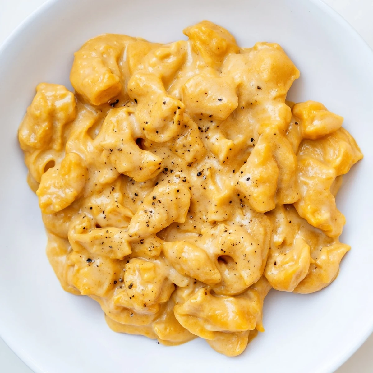A bowl of this vibrant vegan butternut squash mac and cheese shows a rich, cheesy sauce coating pasta.