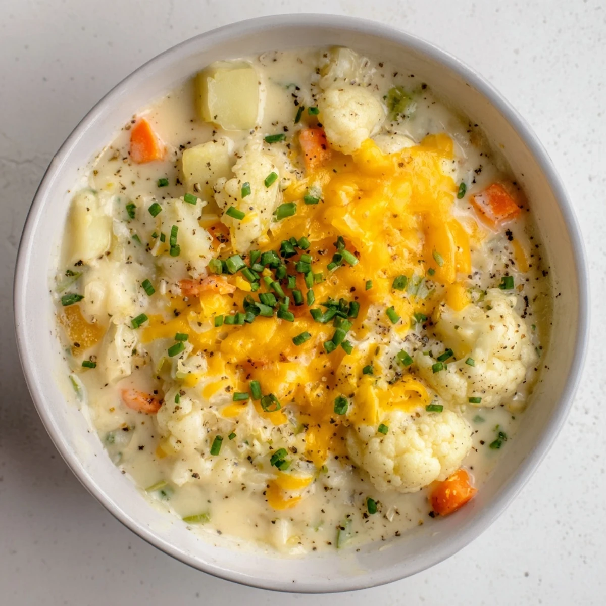Steaming bowl of creamy cauliflower chowder topped with cheddar, ready to warm you up.