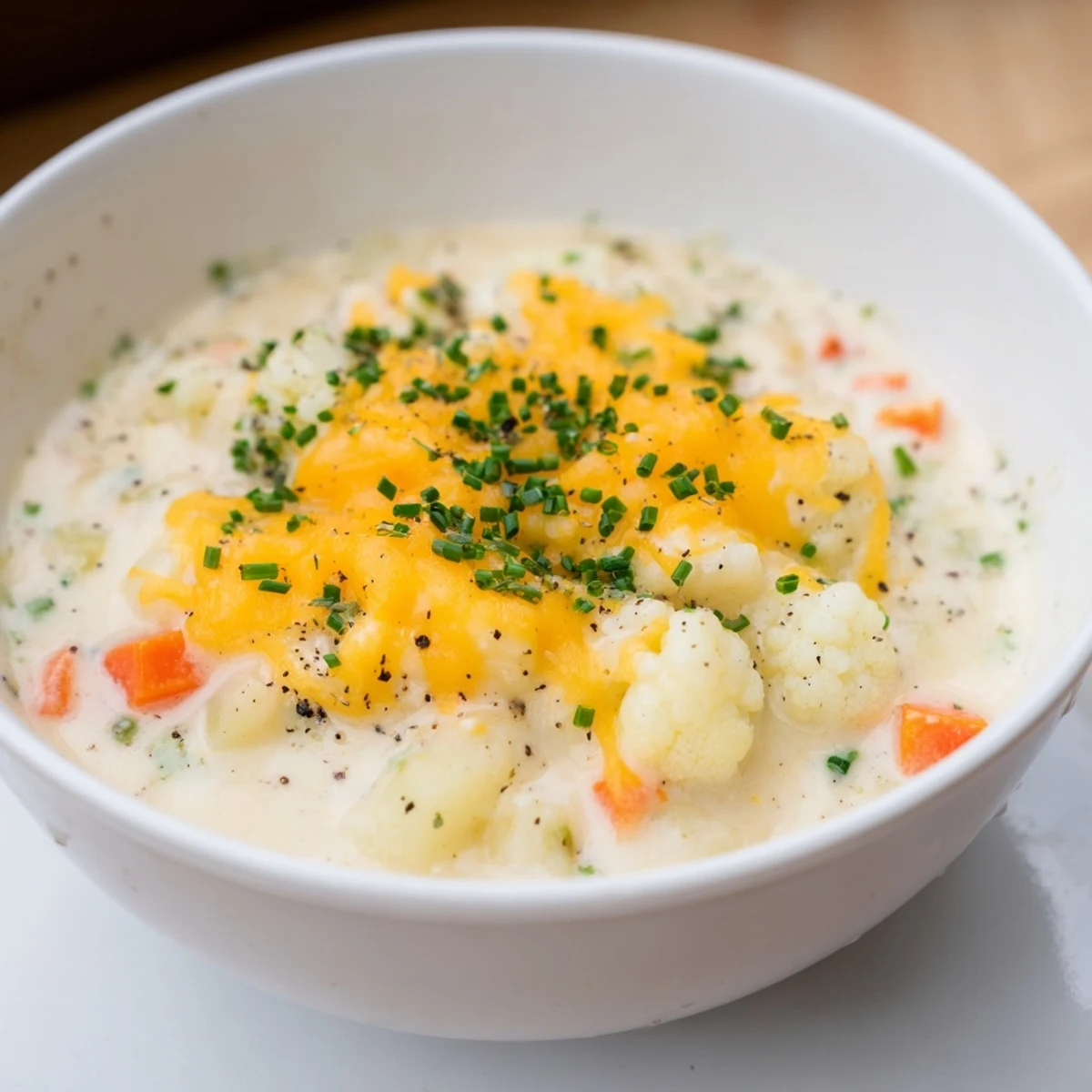 A big spoonful of the rich creamy cauliflower chowder, studded with tender vegetables and cheese.