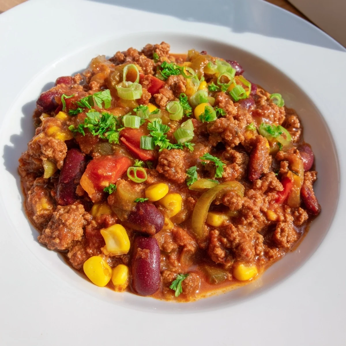 Steaming bowl of turkey chili with kidney beans and vibrant corn, ready to eat.