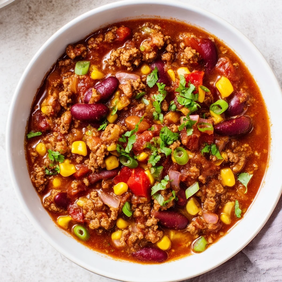 Close-up of a hearty turkey chili bubbling, with kidney beans, and a rich tomato base.