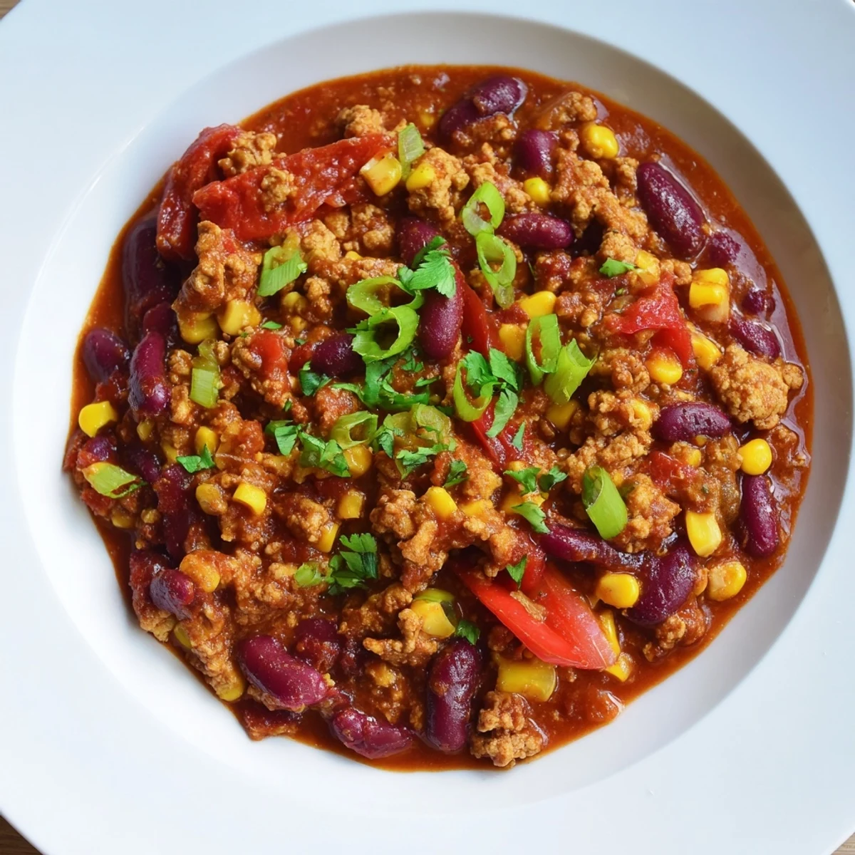 Delicious homemade turkey chili with kidney beans and toppings, perfect for a cozy dinner.