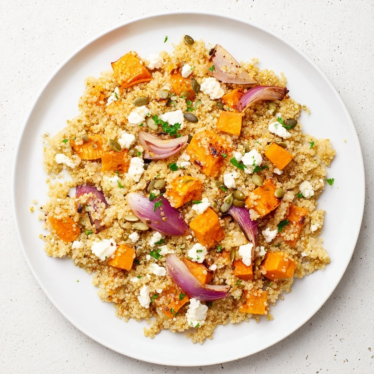 Warm Quinoa Salad with roasted vegetables, a vibrant and colorful, healthy vegetarian meal.