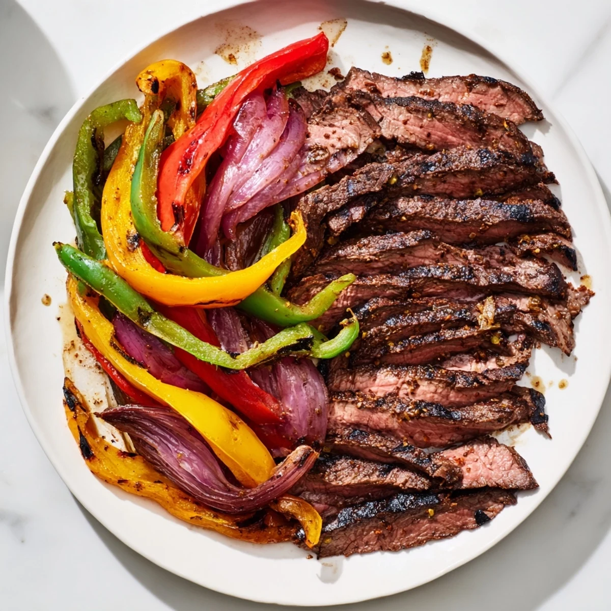 Sheet pan steak fajitas with sizzling steak, colorful peppers, and onions, perfect for a quick dinner.