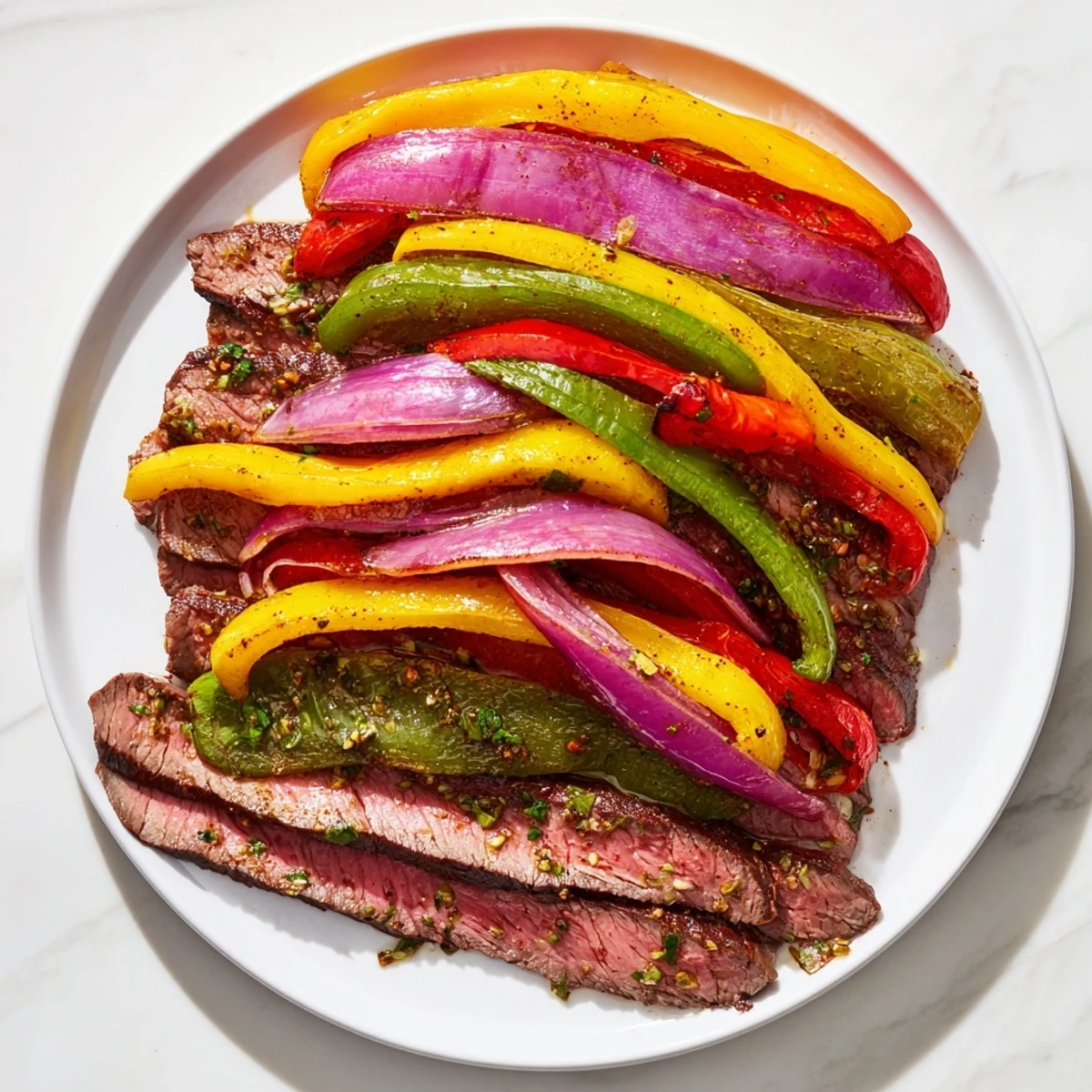 Roasted sheet pan steak fajitas with flavorful marinated steak, served with warm tortillas and fresh toppings.