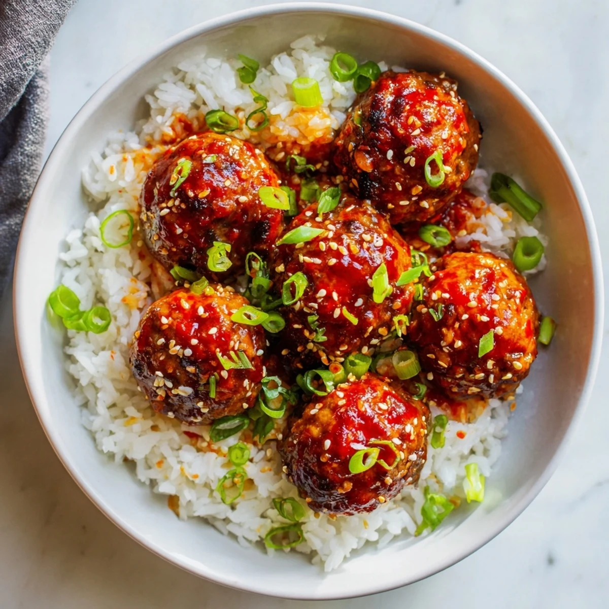Steamy bowl of fluffy rice topped with tender Spicy Sriracha Beef Meatballs ready for serving.