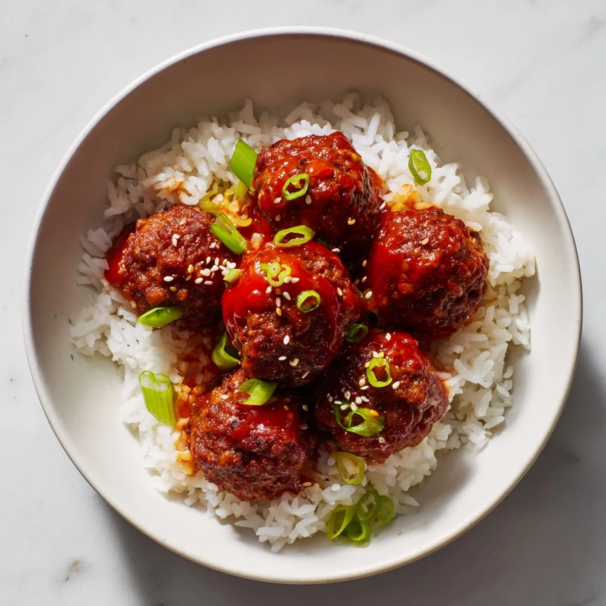 Close-up of vibrant Spicy Sriracha Beef Meatballs with a rich, dark sauce, perfect for rice.
