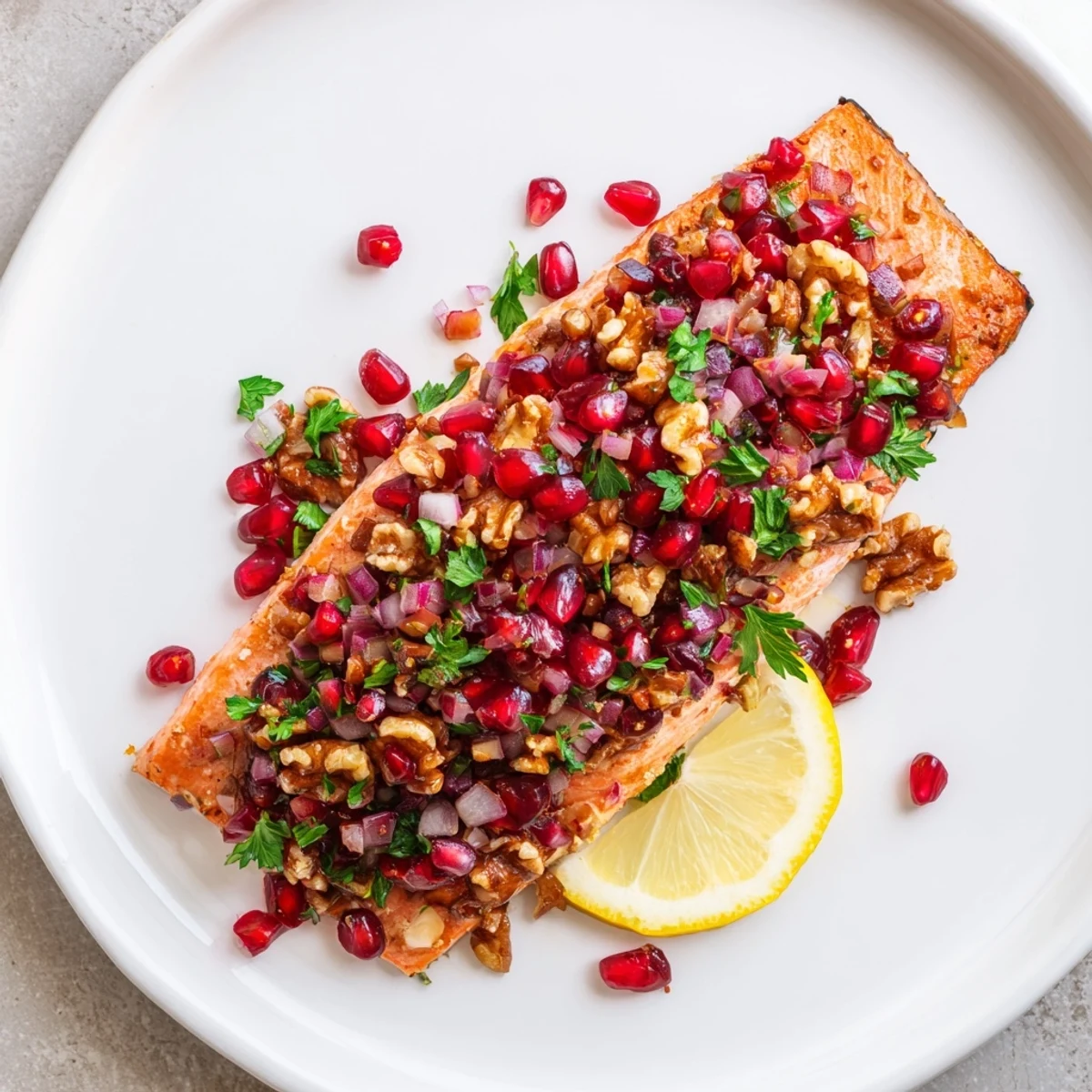 Flaky baked salmon with pomegranate walnut salsa glistens, ready for a delicious Mediterranean meal.