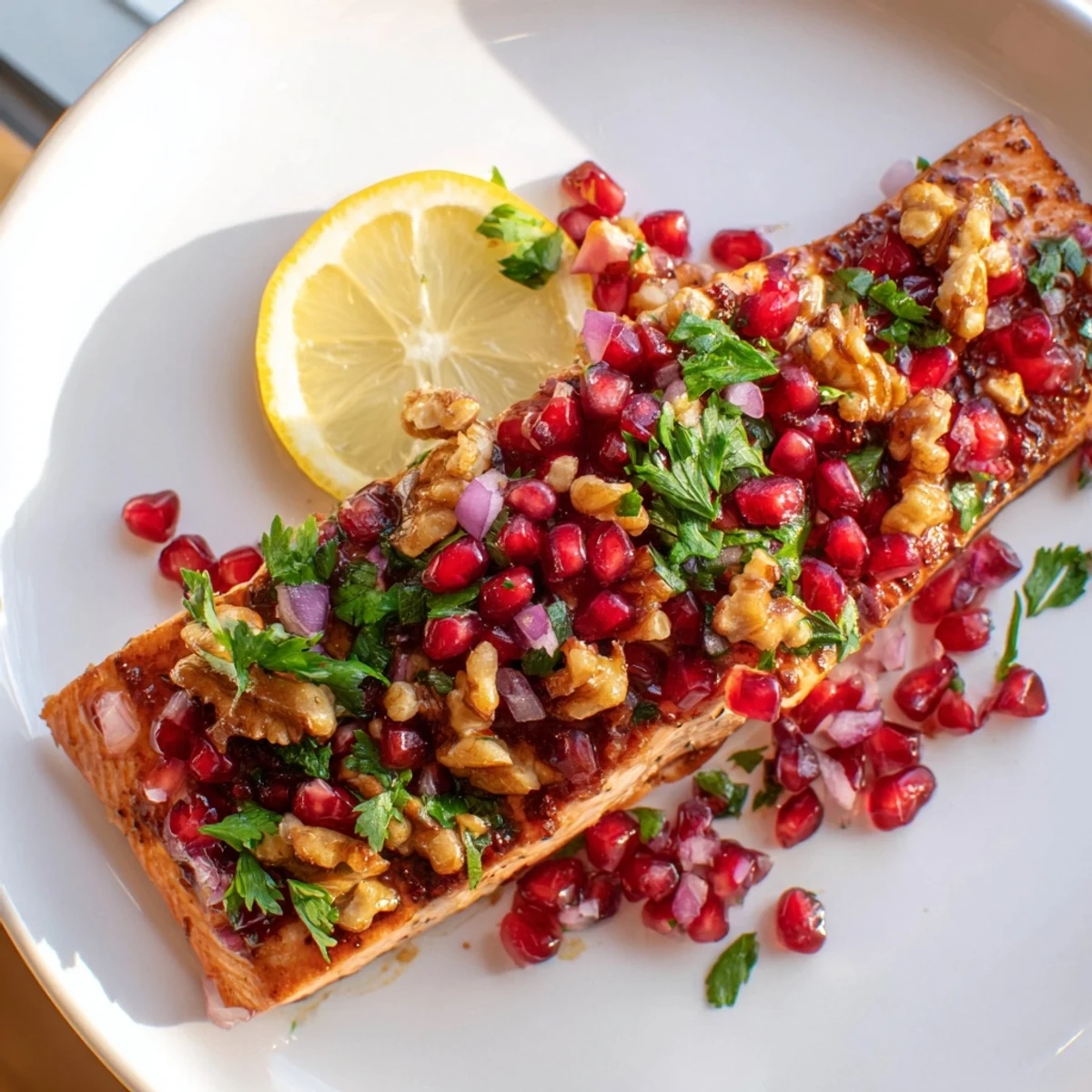 Perfectly cooked, tender baked salmon topped with vibrant pomegranate walnut salsa, ready to serve.