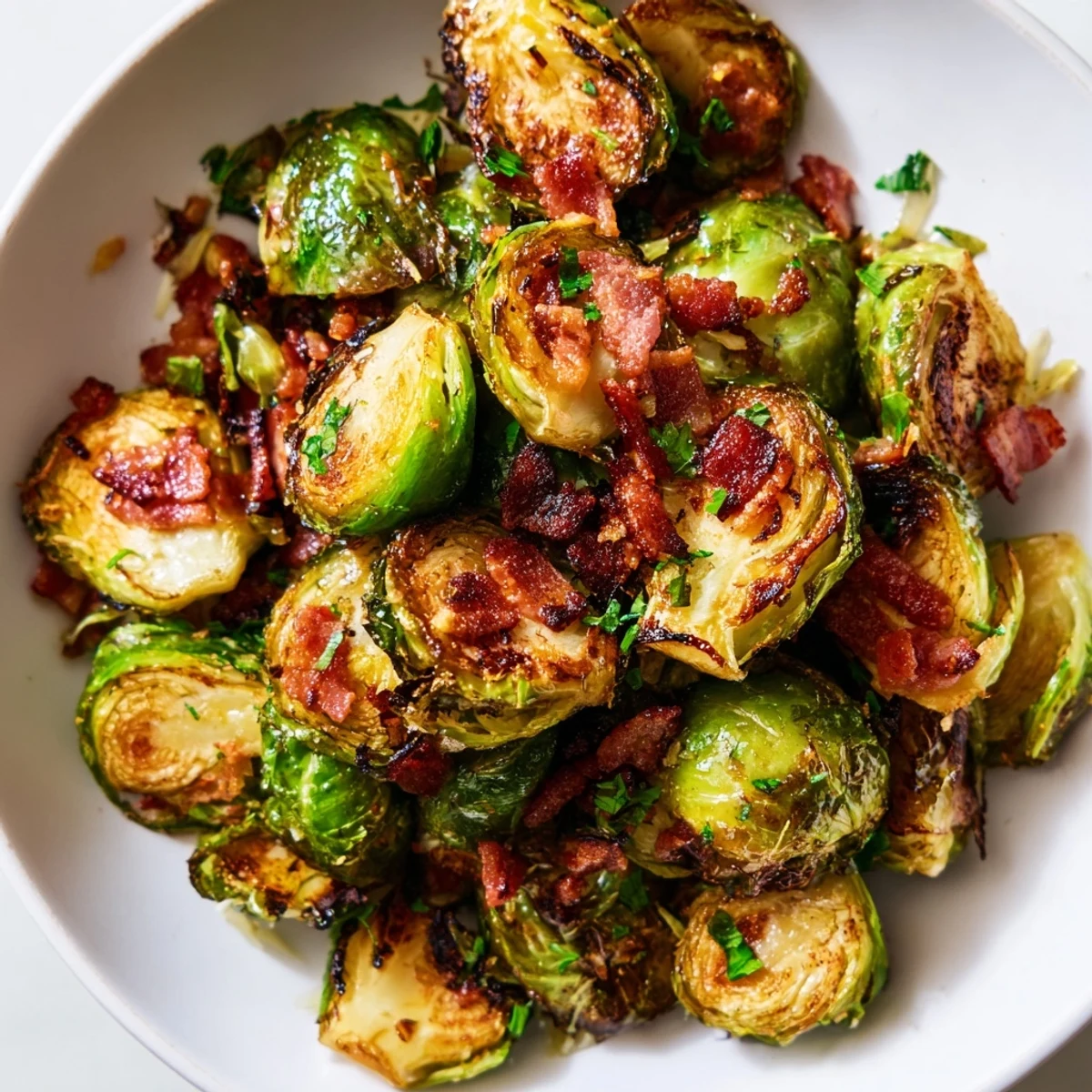 Golden-brown Roasted Brussels Sprouts with turkey bacon, ready to serve as a flavorful side dish.