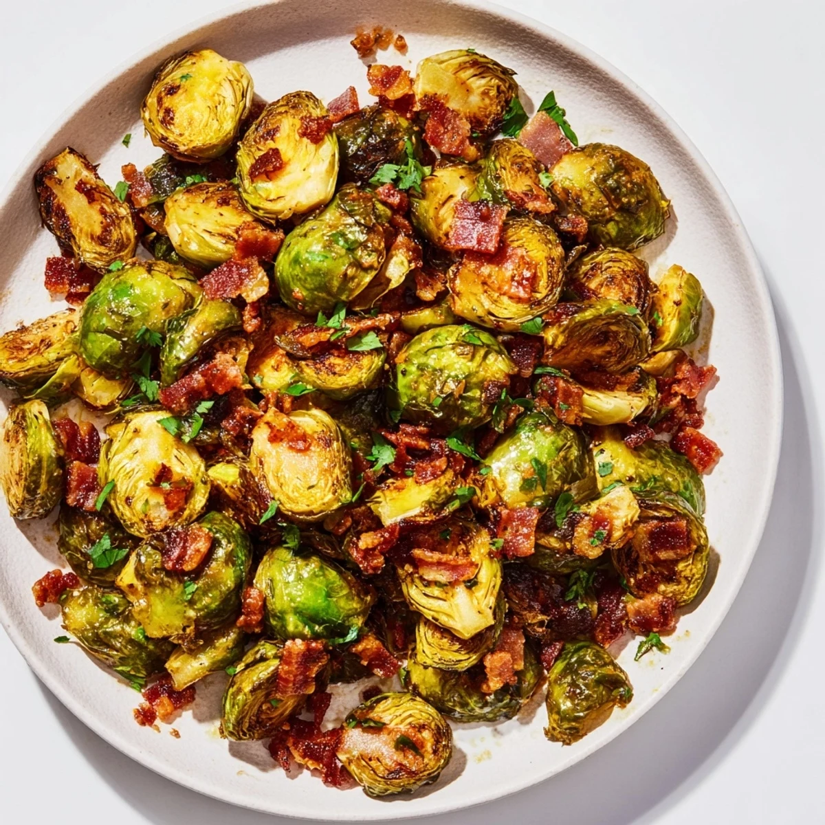 Crispy turkey bacon atop perfectly roasted Brussels sprouts, ready for a delicious, healthy meal.