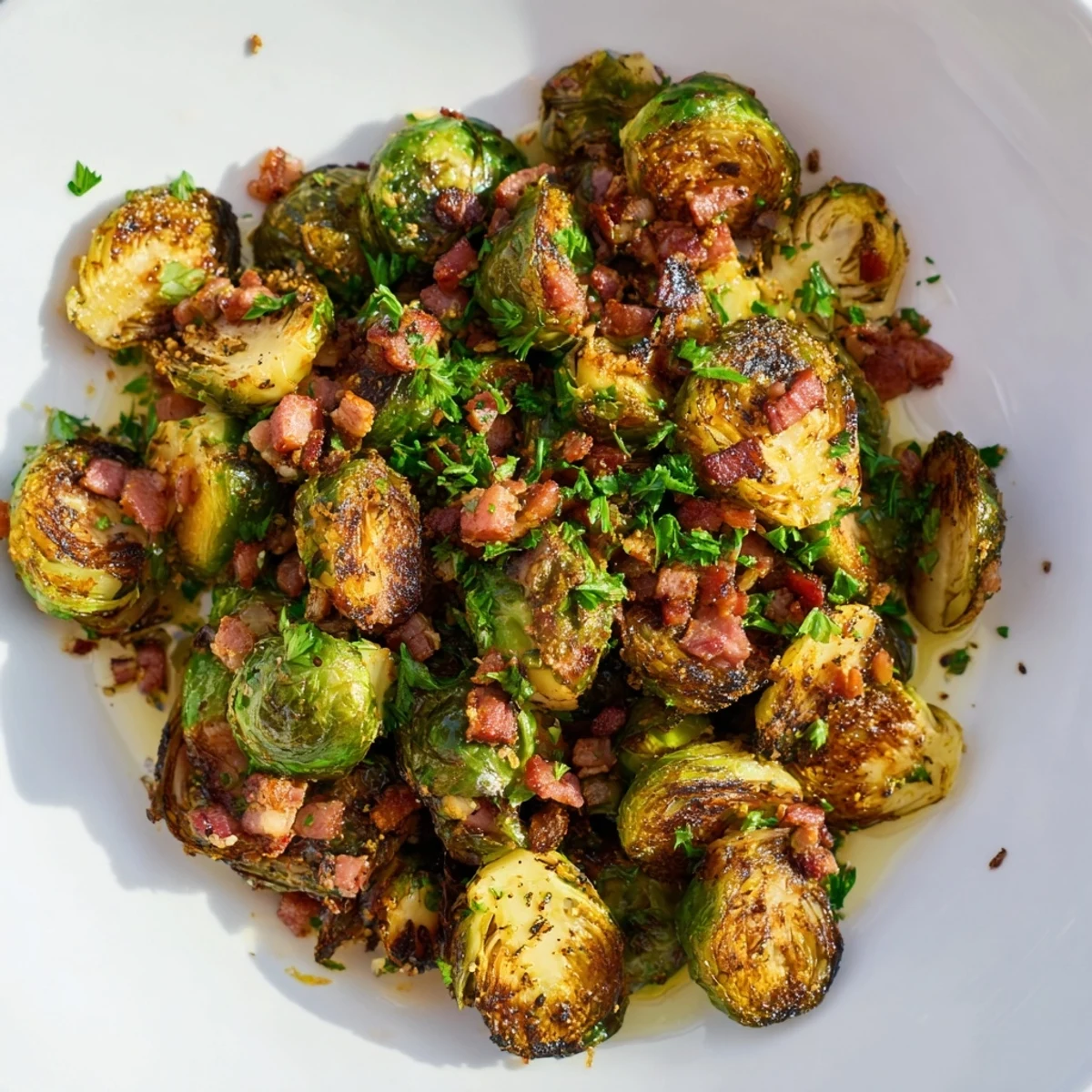 Sizzling close-up of roasted Brussels sprouts with turkey bacon, finished with lemon juice and parsley.