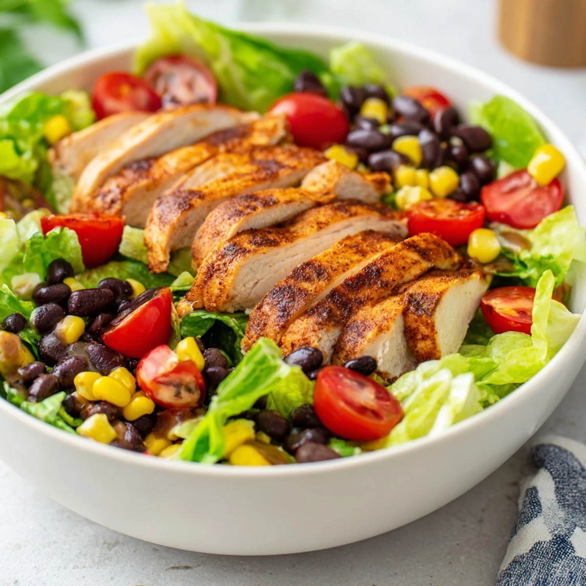 Ripe avocado and red onion add creamy and sharp notes to the vibrant Southwest Chicken Salad, with a generous drizzle of smoky chipotle lime dressing pooling on the fresh greens.