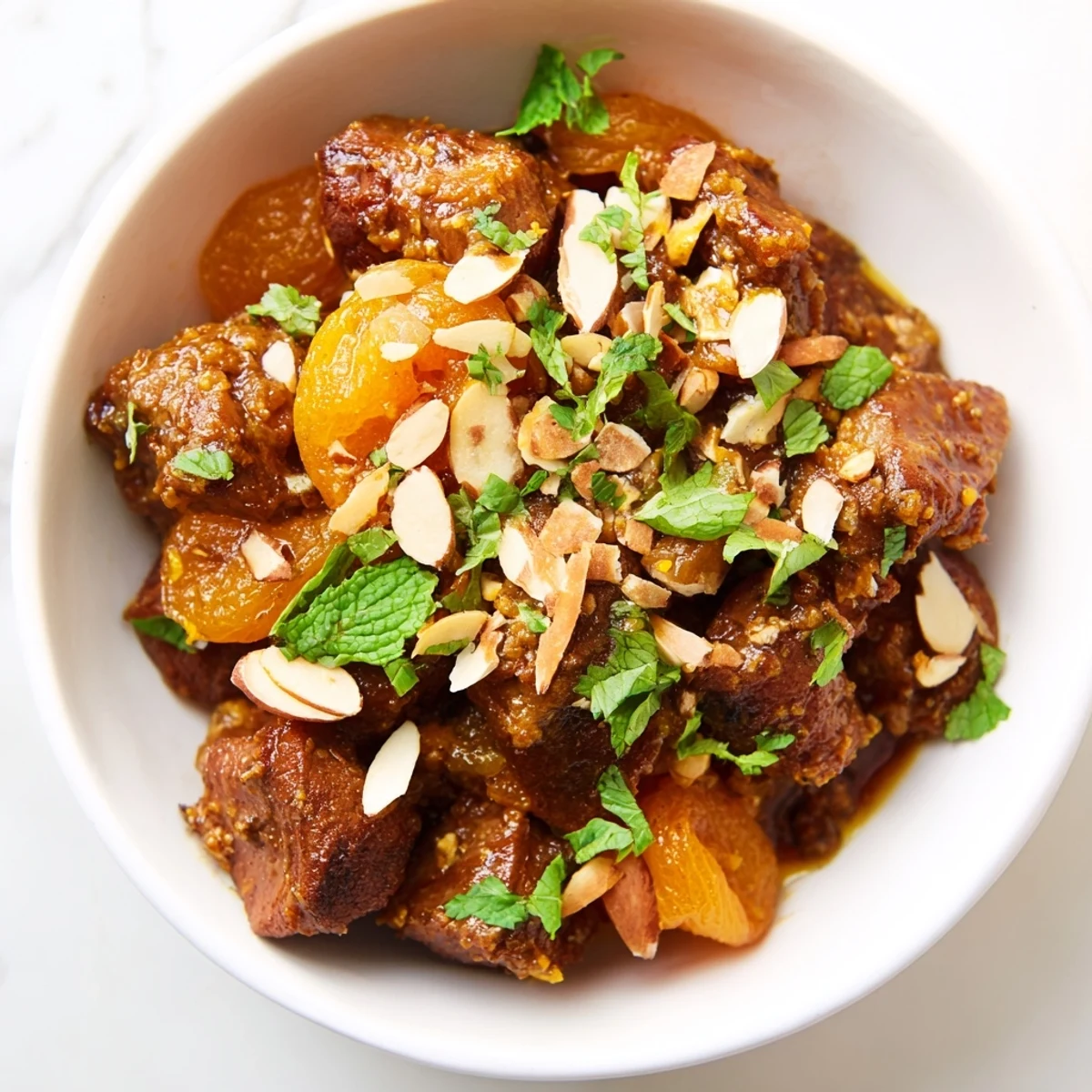 Slow-cooked Moroccan lamb tagine with tender meat, sweet apricots, and warm spices, garnished with fresh cilantro and mint.