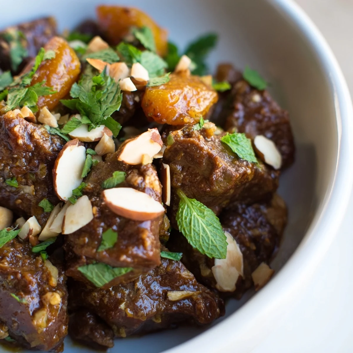 Slow Cooker Moroccan Lamb Tagine with Apricots served in a rustic dish with toasted almonds, perfect for a family meal.