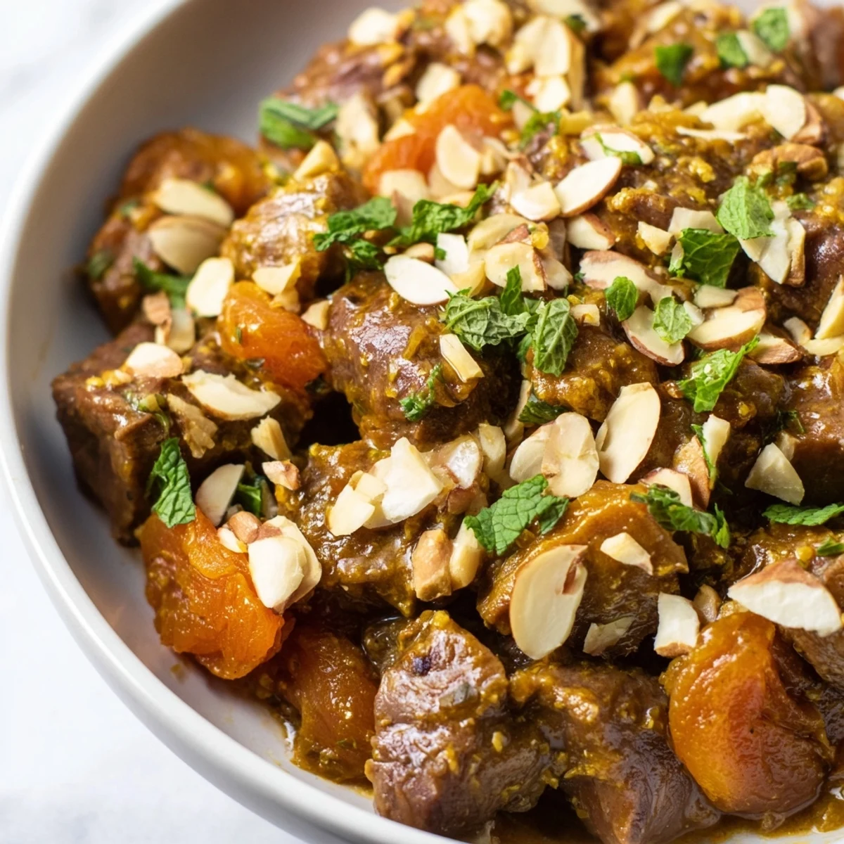 Golden Moroccan lamb tagine stew featuring apricots, carrots, and potatoes in a savory spiced broth, ready to be served hot.