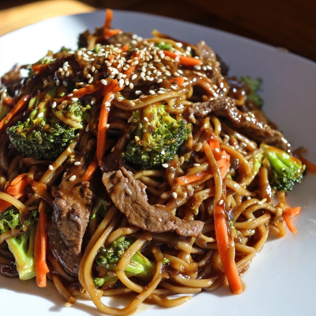 Plated Beef and Broccoli Lo Mein with Sesame Oil, tossed with crisp broccoli and tender beef slices, garnished with green onions and sesame seeds.