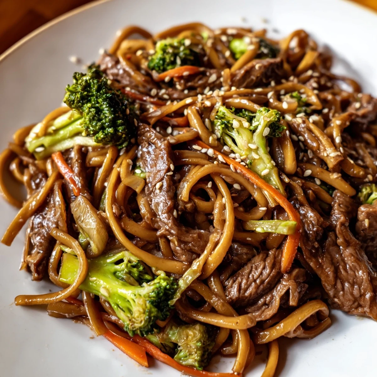 Close-up view of sizzling Beef and Broccoli Lo Mein with Sesame Oil, highlighting steam rising from the savory noodles and vibrant orange carrots.