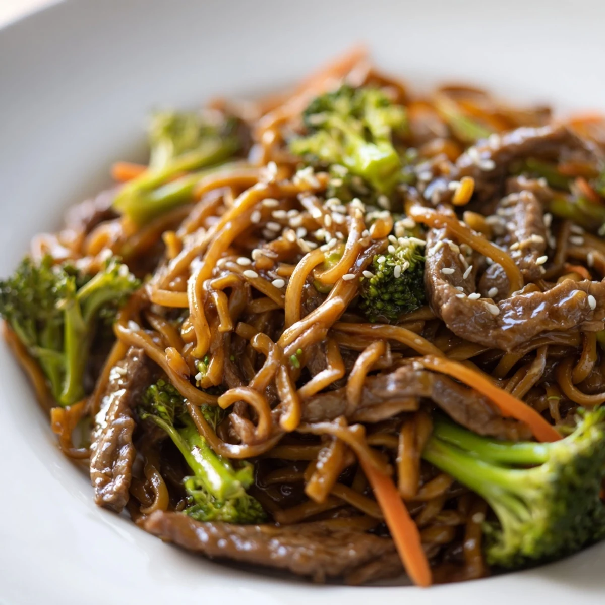 Serving suggestion for Beef and Broccoli Lo Mein with Sesame Oil, plated in a ceramic bowl with chopsticks resting on the side.