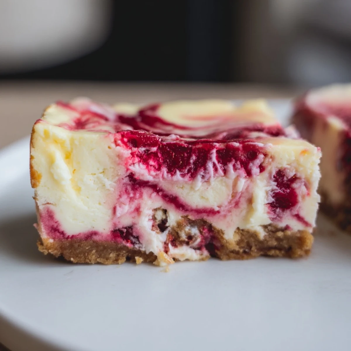 Creamy Raspberry White Chocolate Cheesecake Bars with a buttery graham cracker crust and vibrant red swirls.