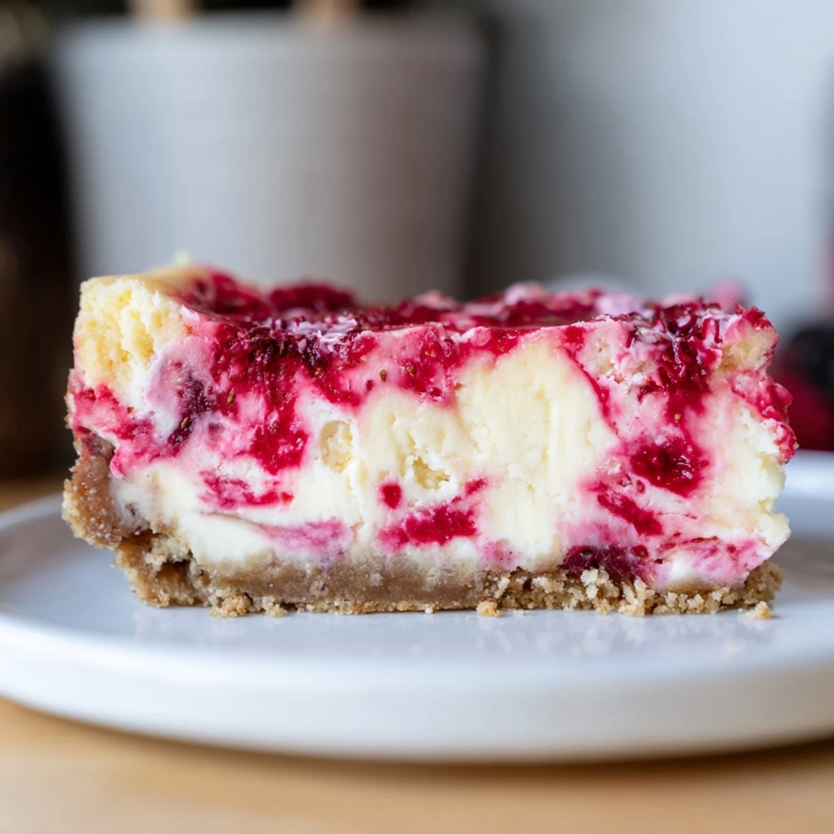 Homemade Raspberry White Chocolate Cheesecake Bars cut into squares, garnished with fresh raspberries and mint.