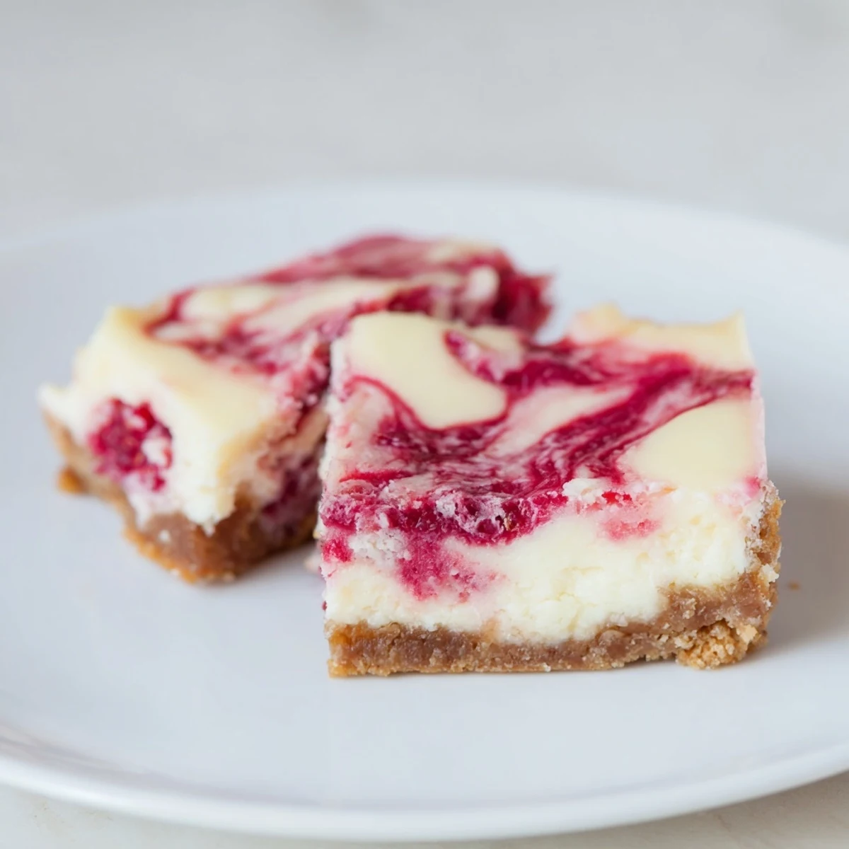 Sliced Raspberry White Chocolate Cheesecake Bars served on a white plate, showcasing smooth texture.