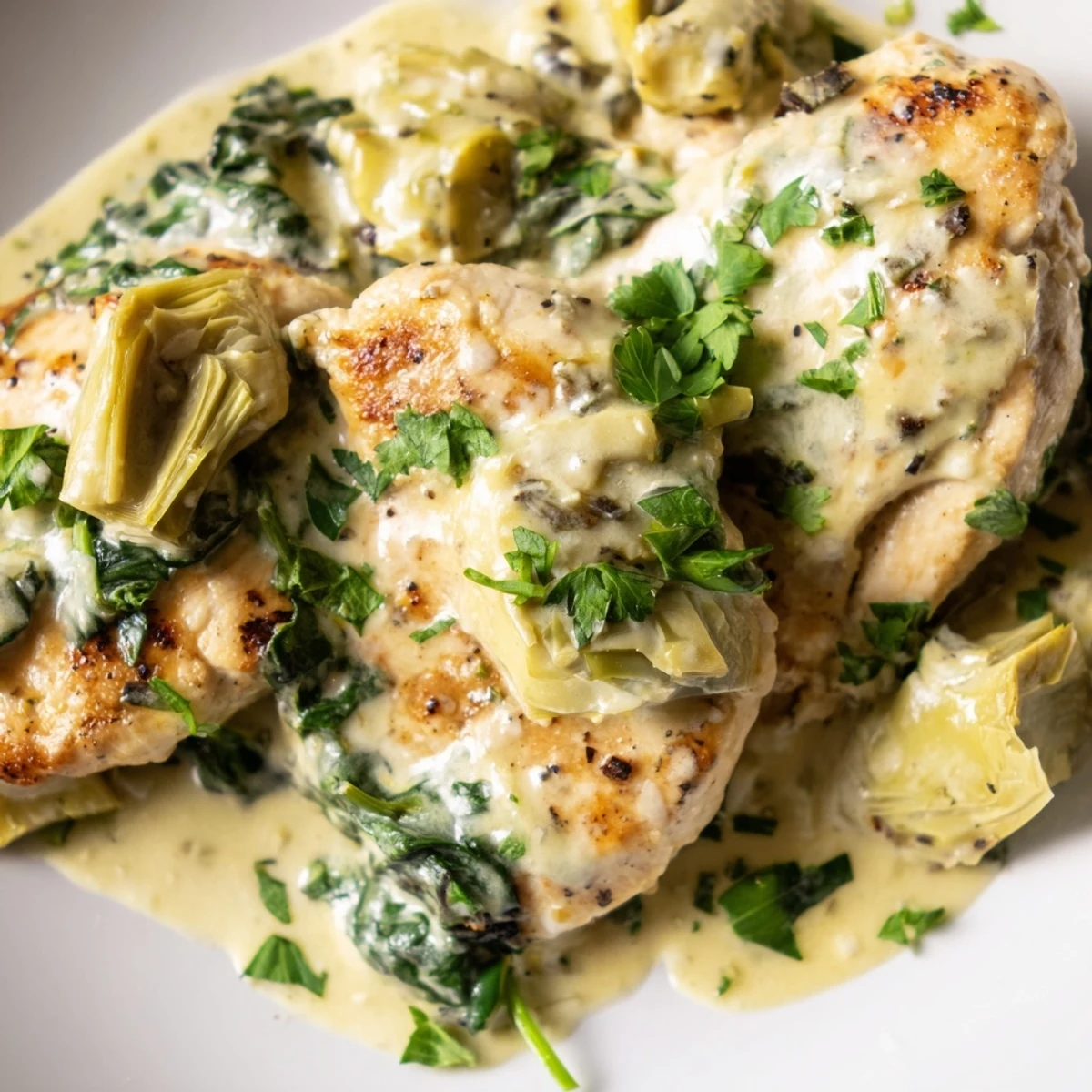 Juicy, golden-browned chicken breasts simmer in a rich, cheesy cream sauce loaded with wilted spinach and artichoke hearts in a cast-iron skillet.