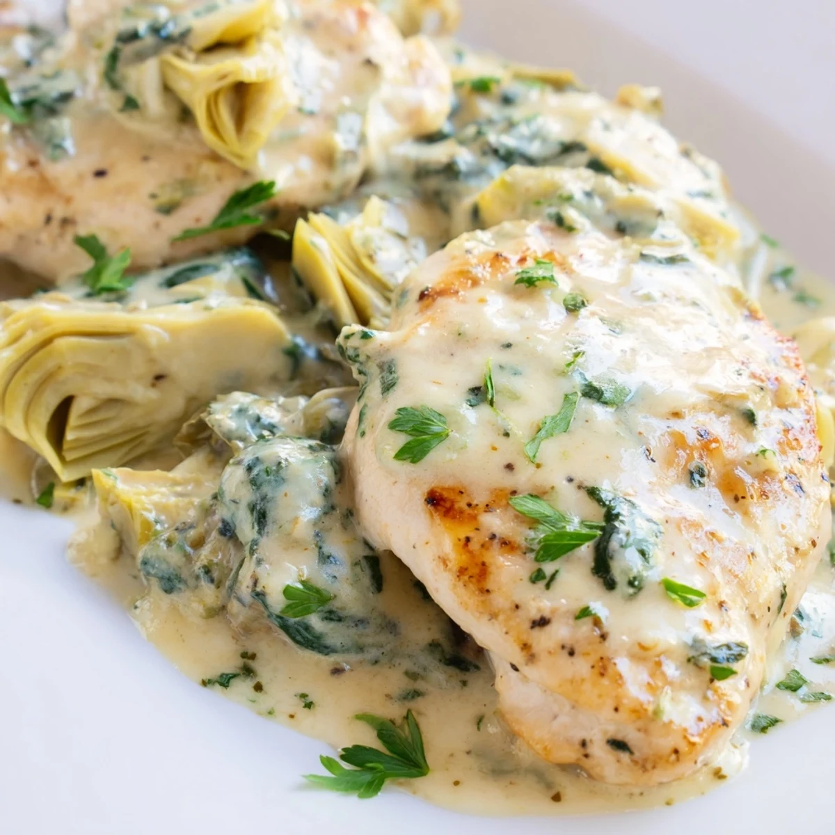 Tender chicken coated in a creamy spinach and artichoke sauce, garnished with fresh parsley and ready to serve over fluffy mashed potatoes.
