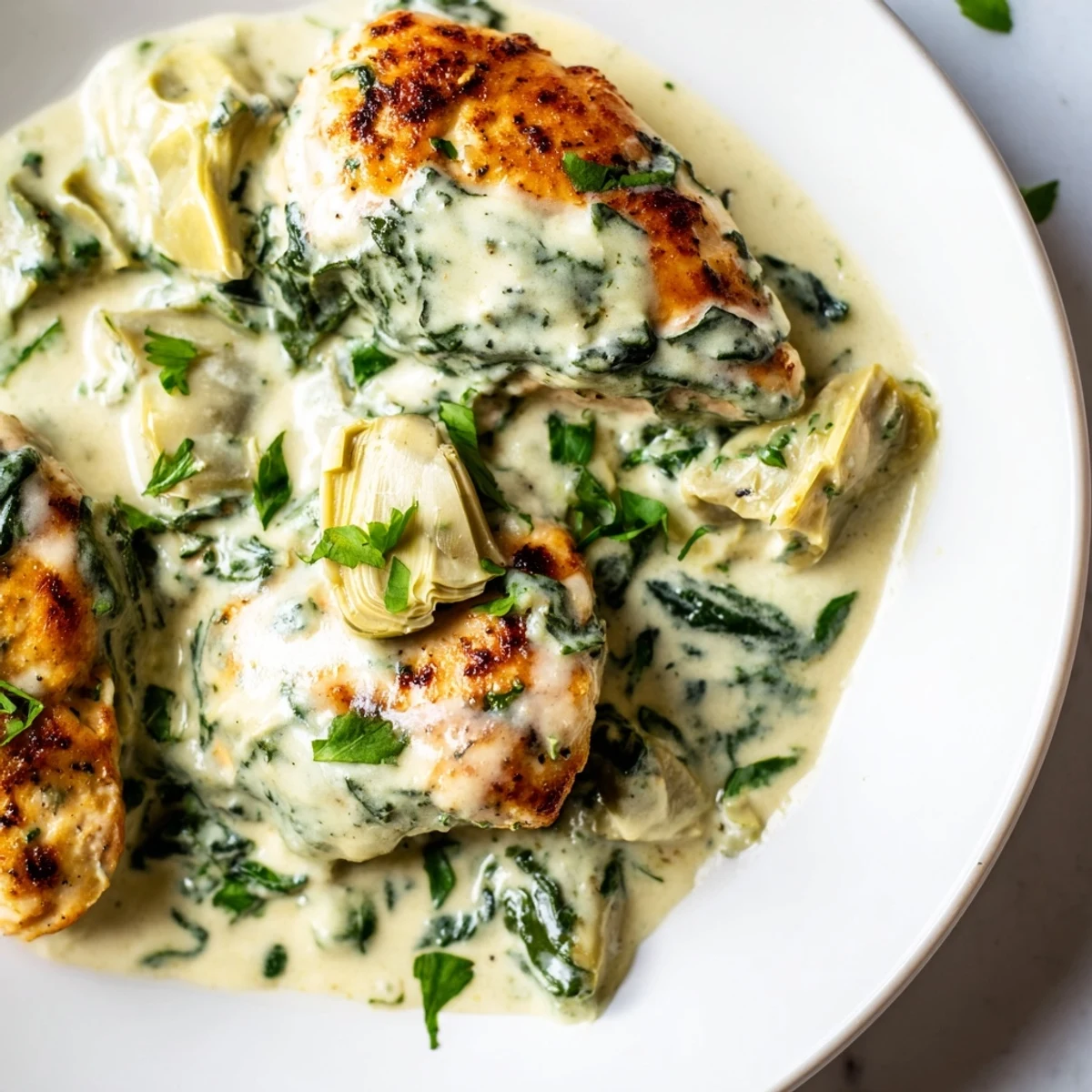 Sizzling chicken seared in a skillet, then baked with savory artichoke hearts, fresh spinach, and a luscious Parmesan cream sauce for dinner.