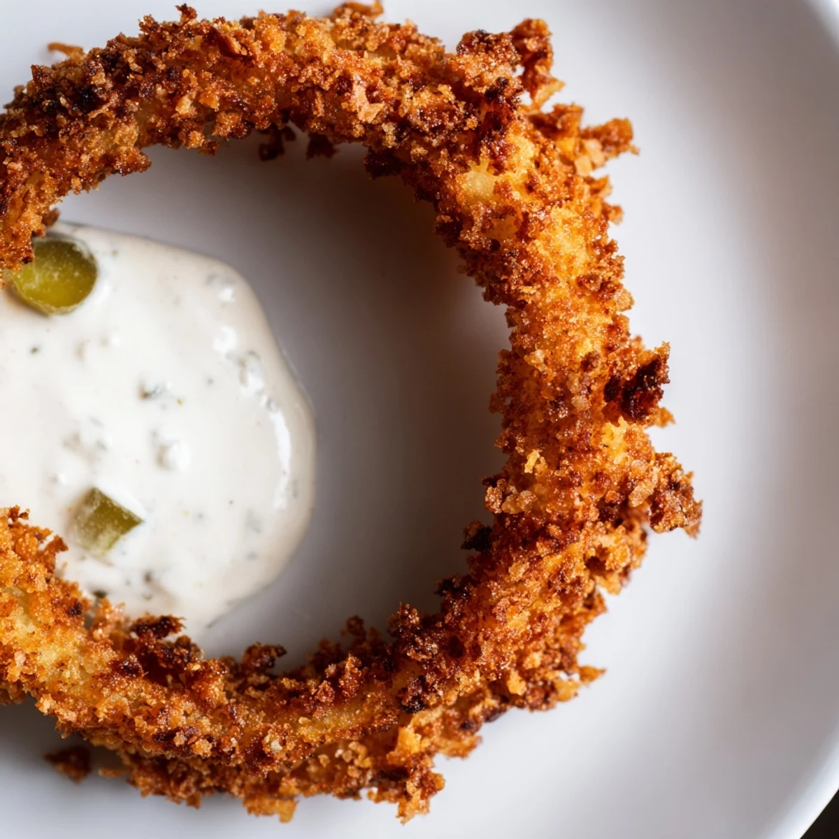 Crispy Air Fryer Onion Rings with Burger Sauce are served golden and crunchy alongside creamy dipping sauce.