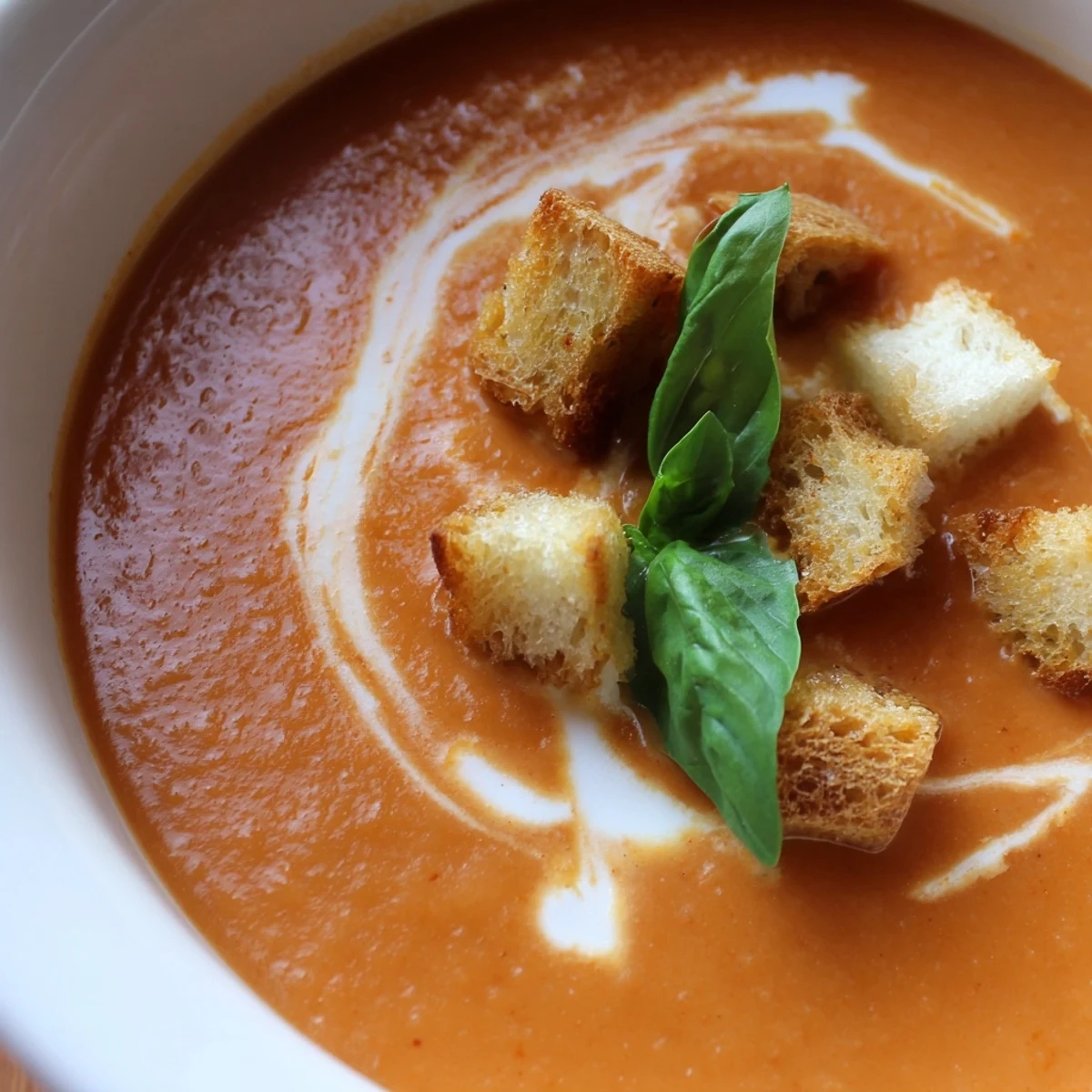 A bowl of creamy Roasted Garlic and Tomato Basil Soup, topped with golden croutons and a fresh basil garnish.