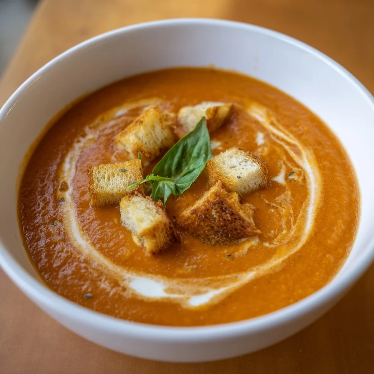 A bowl of Roasted Garlic and Tomato Basil Soup with a spoon, served alongside crisp, homemade croutons.