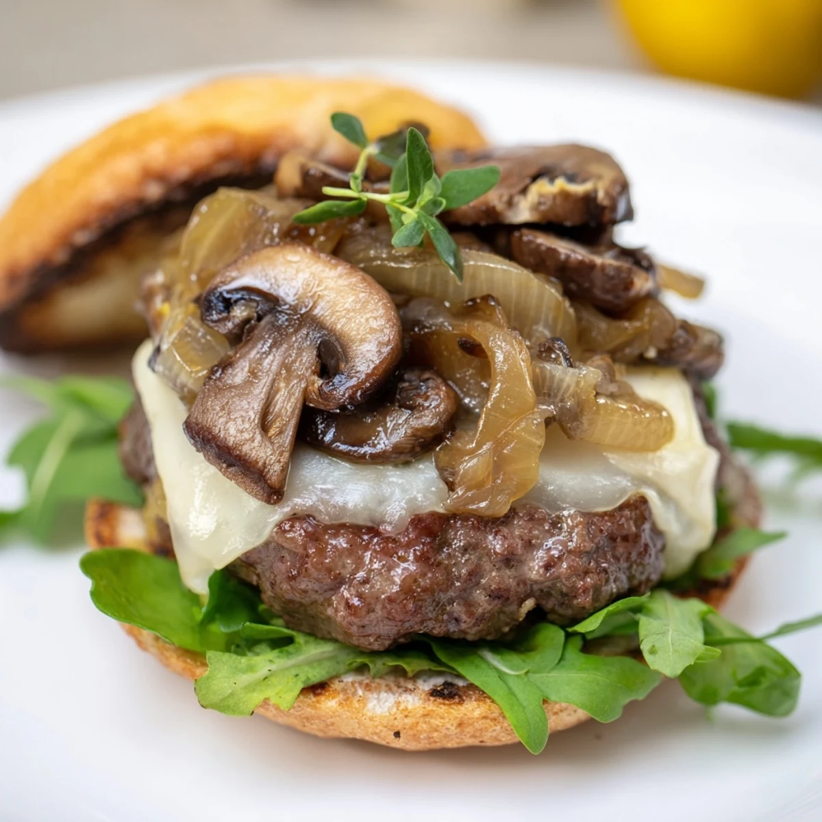 Golden-brown caramelized onions and sautéed cremini mushrooms melt into Swiss cheese on a juicy beef patty, served on a toasted bun with fresh arugula.