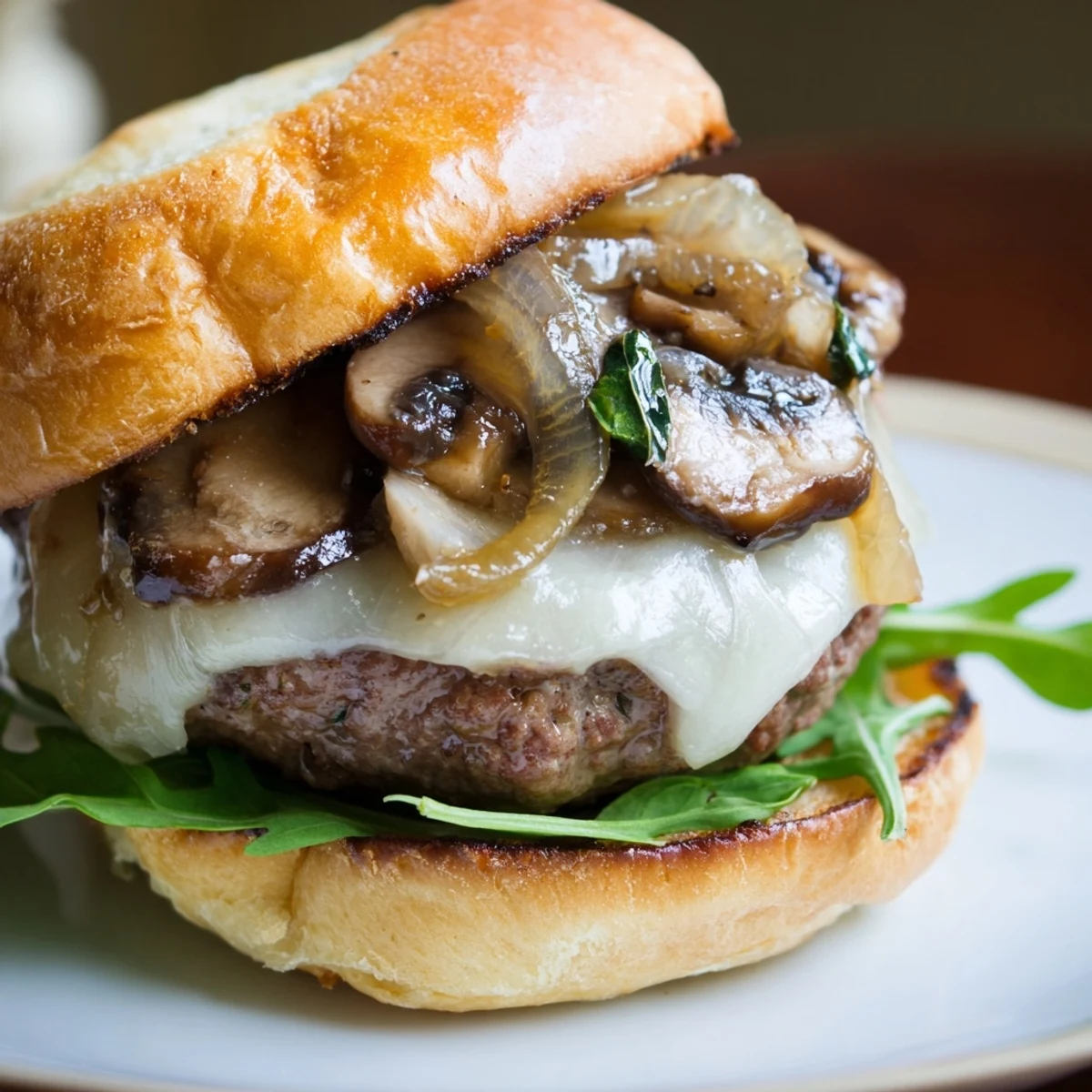 A gourmet Mushroom and Swiss Burger with caramelized onions resting on a wooden board beside crispy fries.