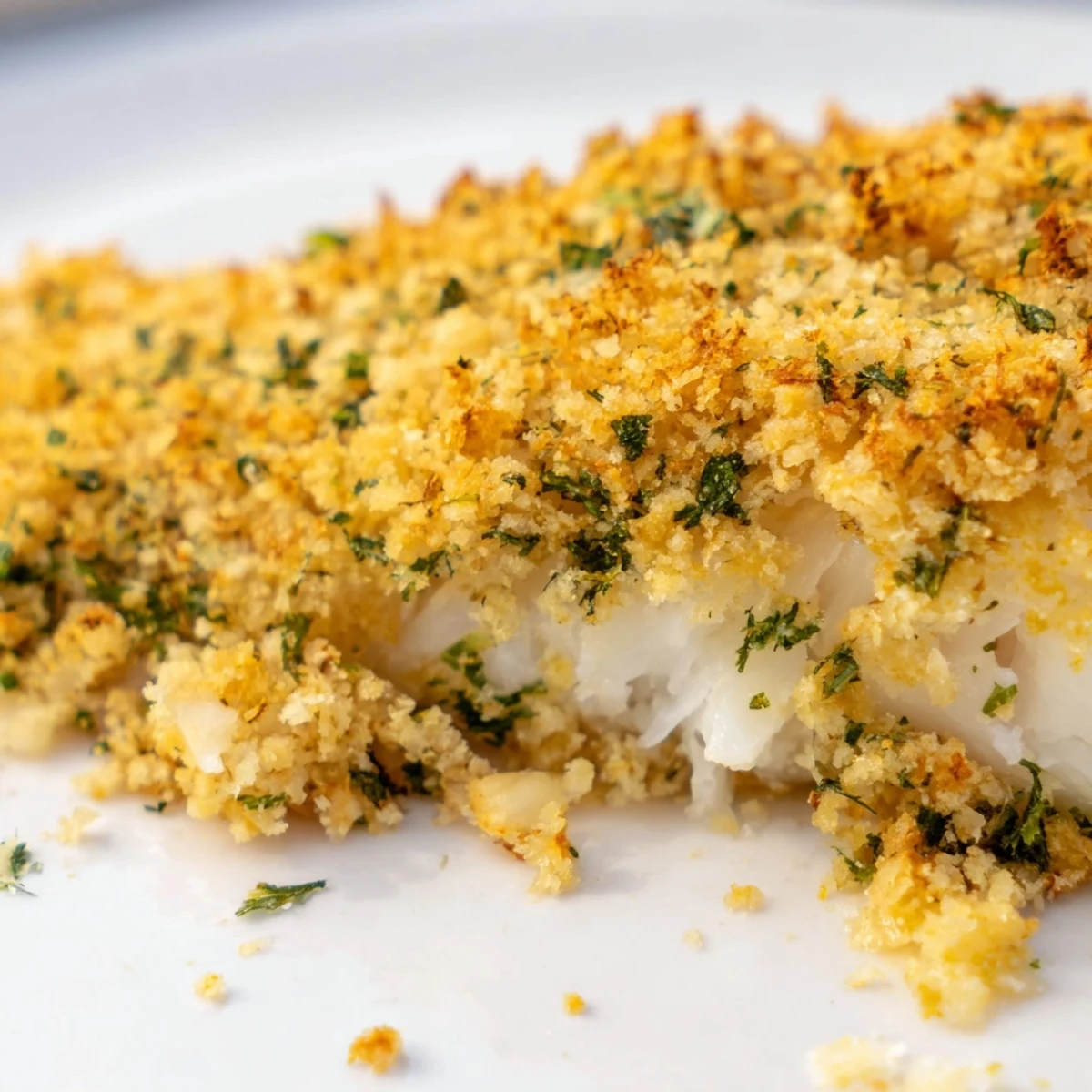 Golden brown Baked Cod with Lemon Herb Panko Crumb flaking easily on a plate next to vibrant green asparagus spears.