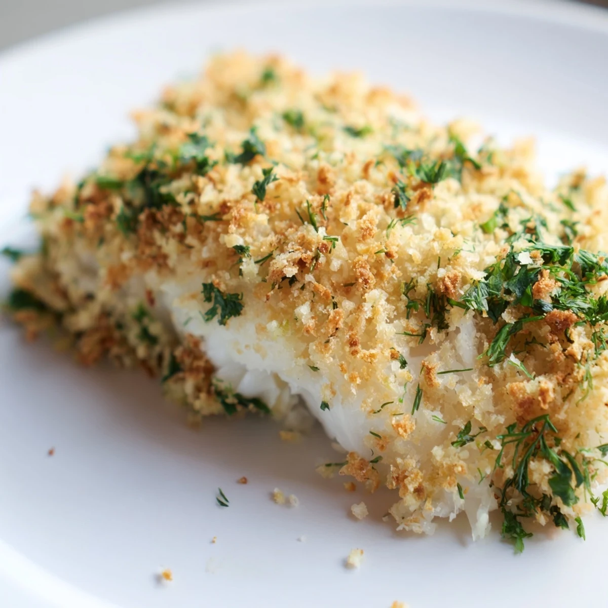 Serving suggestion for Baked Cod with Lemon Herb Panko Crumb plated with fluffy white rice and a side of fresh salad.