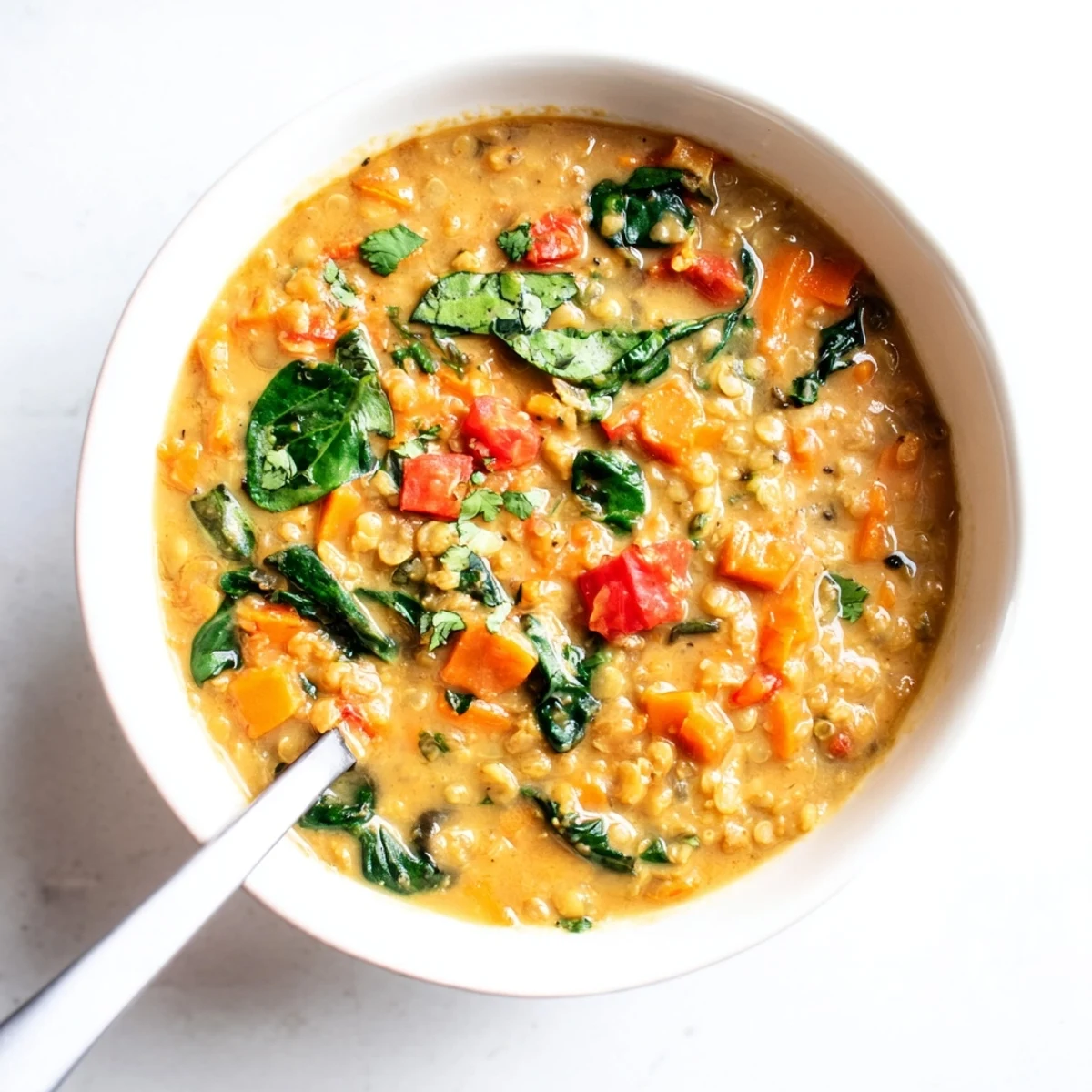 Creamy Coconut Curry Lentil Soup with Spinach in a rustic bowl, garnished with cilantro and lime wedges, showing vibrant orange broth and tender lentils.