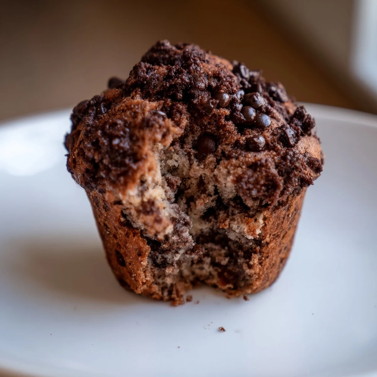 Golden-brown Chocolate Banana Muffins with chips cooling on a wire rack for breakfast.