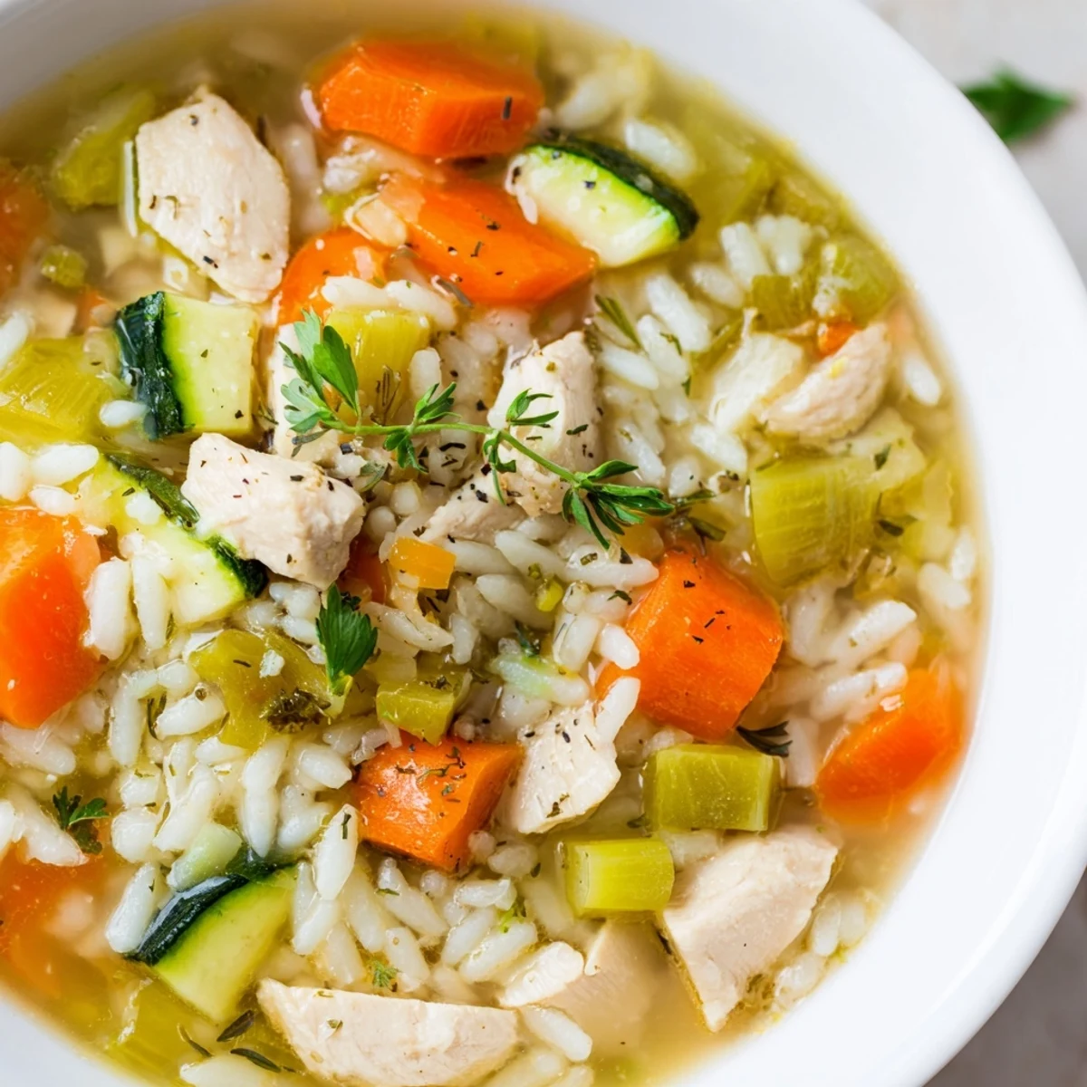 Steaming bowl of Chicken Vegetable Soup with Rice, featuring tender chicken, carrots, and fresh parsley garnish.