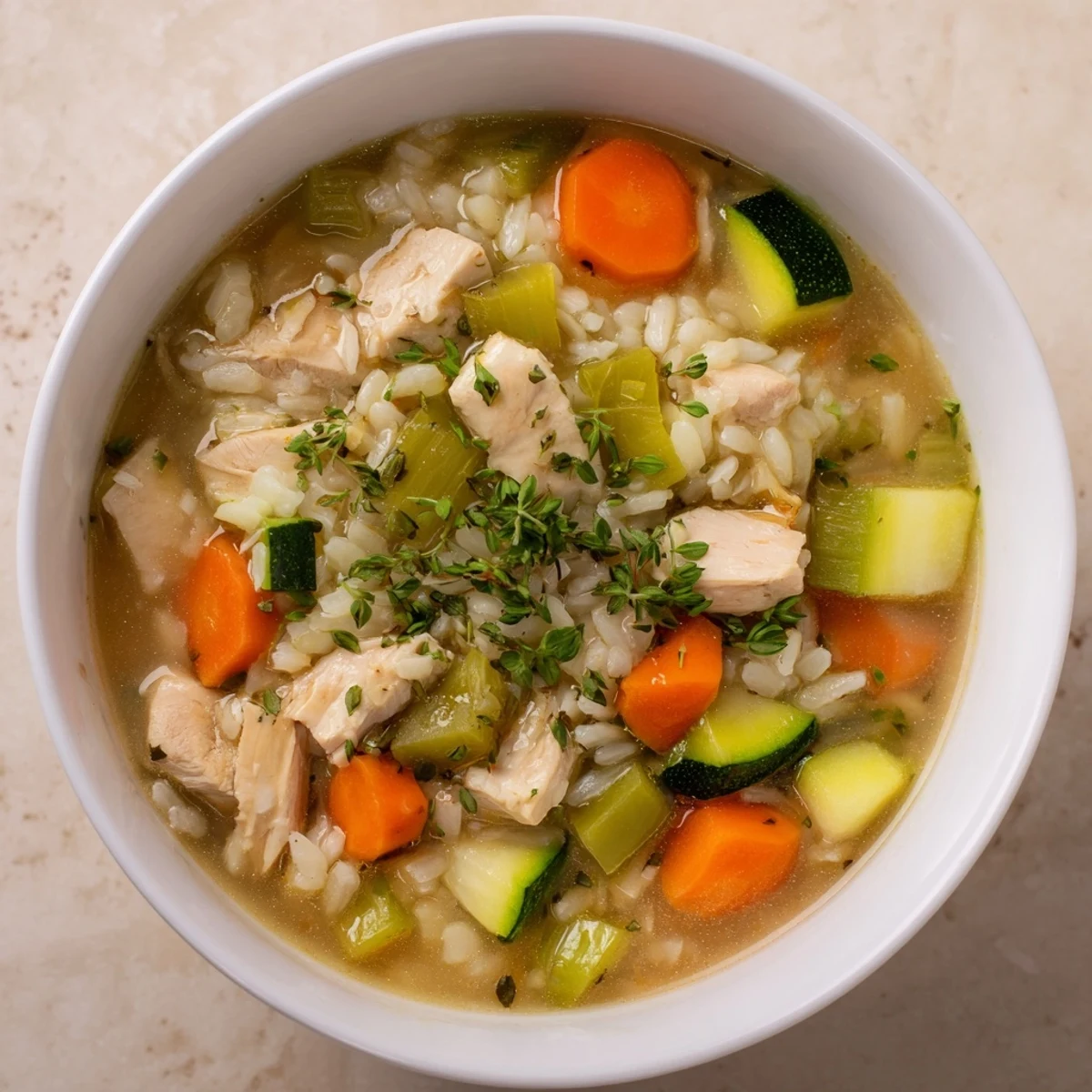 A hearty serving of Chicken Vegetable Soup with Rice, loaded with zucchini, peas, and celery in a golden broth.