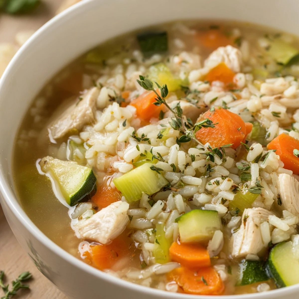 Warm, comforting Chicken Vegetable Soup with Rice in a rustic bowl, perfect for a nourishing family dinner.