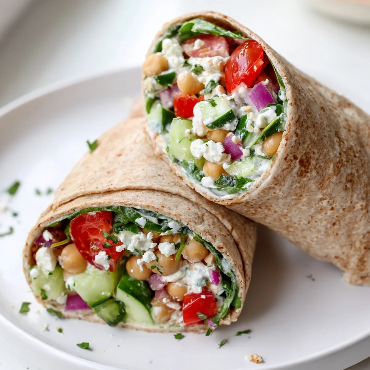 Freshly assembled Mediterranean Wrap with feta, vibrant vegetables, and creamy yogurt dressing on a plate.
