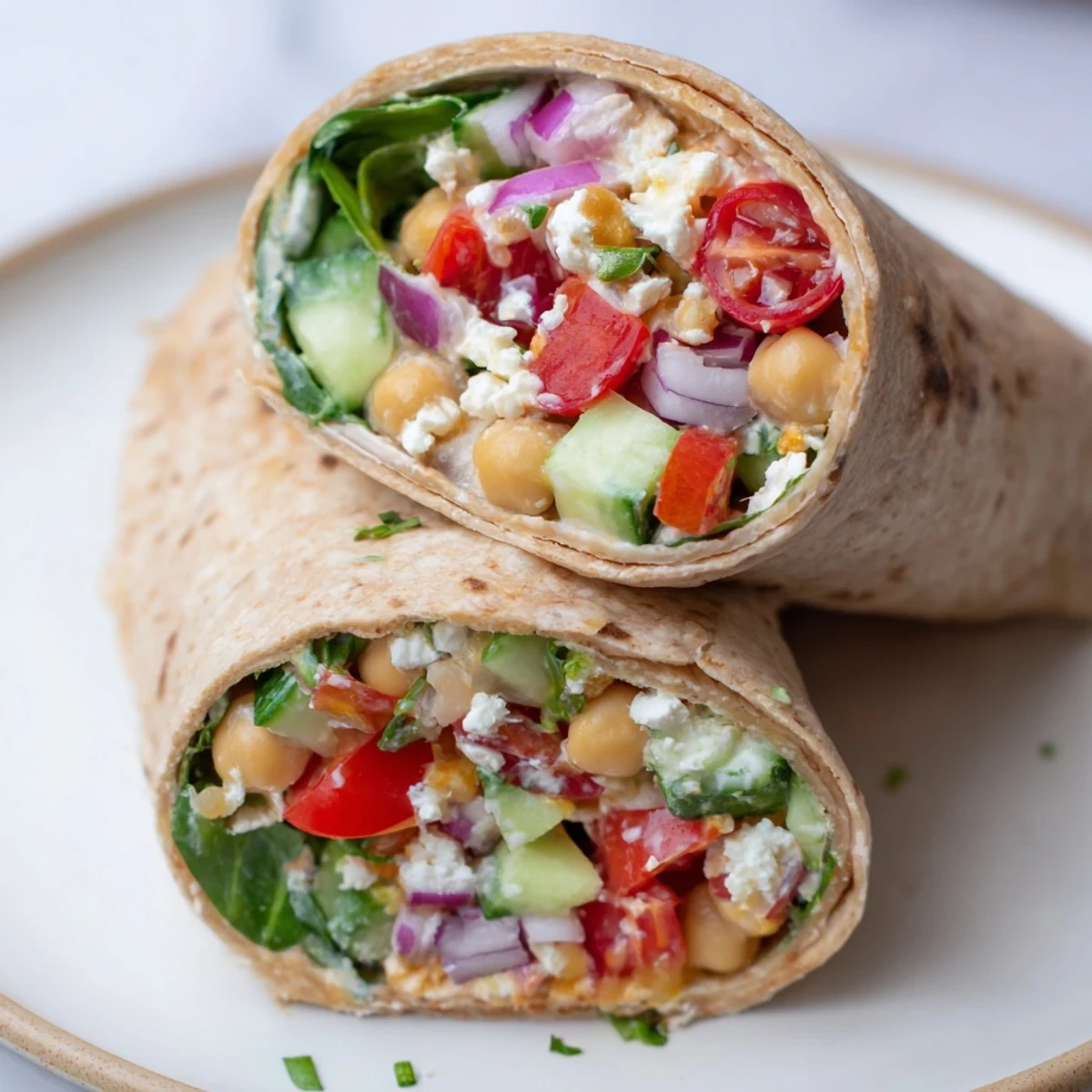 Two halves of a Mediterranean Wrap reveal crumbled feta, crisp cucumbers, and cherry tomatoes inside.