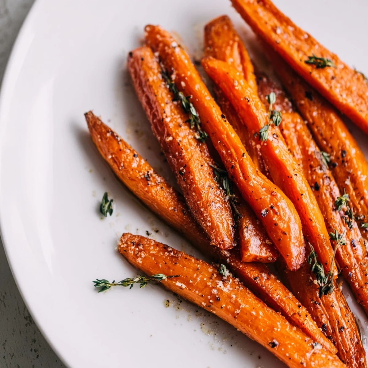 Roasted carrots glazed in maple syrup, roasted until tender and caramelized, garnished with fresh thyme on a serving platter.