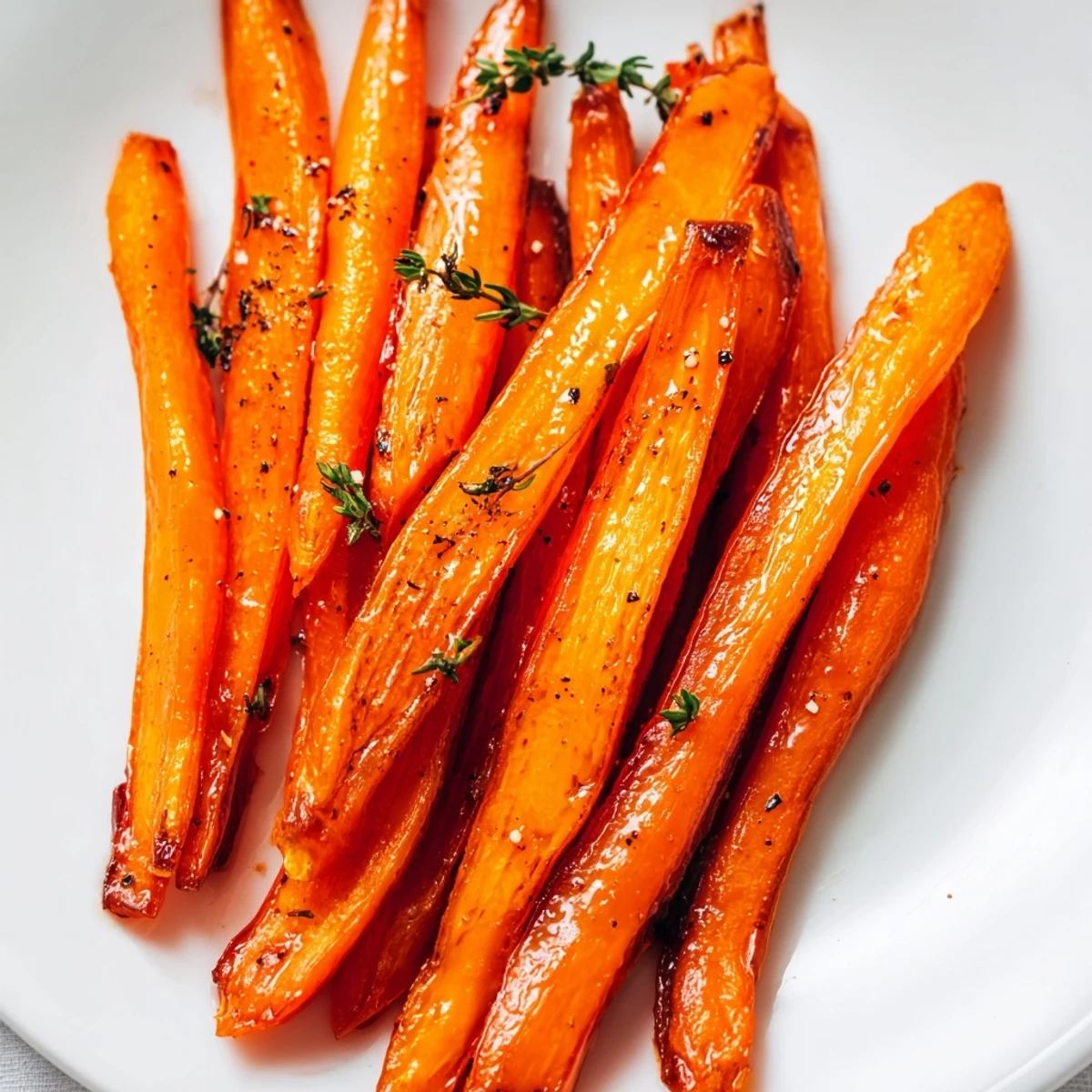Freshly roasted carrots coated in a glossy maple glaze, sprinkled with thyme and ready to serve alongside a weeknight dinner.