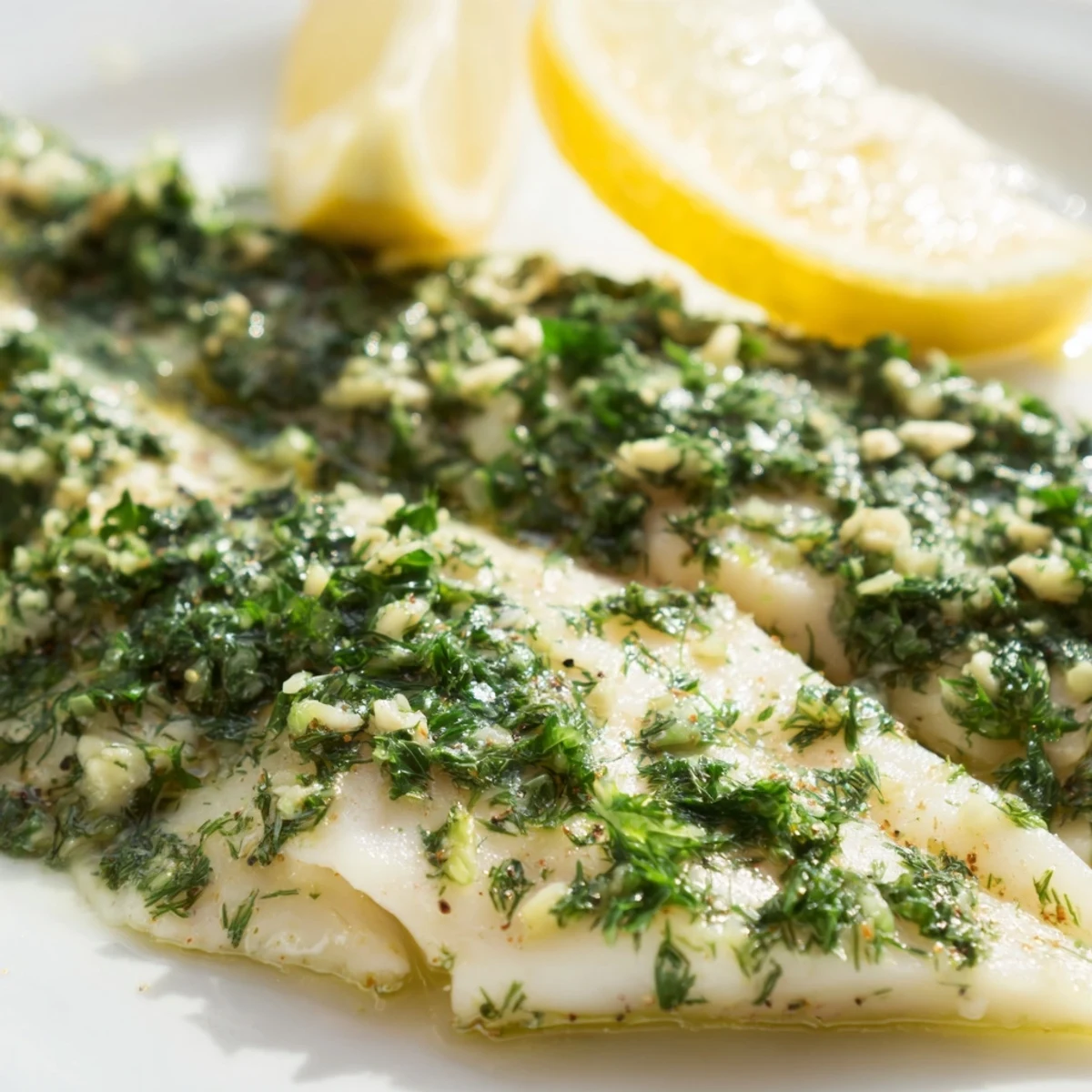 Baked Tilapia with Herbs topped with fresh parsley and lemon slices from a quick, healthy dinner.