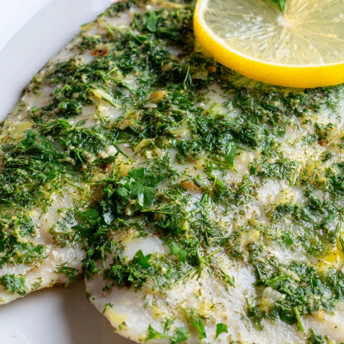 Golden brown Baked Tilapia with Herbs on a white platter, served beside fluffy rice and steamed broccoli.