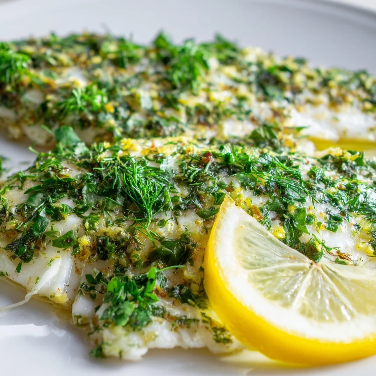 Freshly baked Baked Tilapia with Herbs flaking easily with a fork in a greased ceramic baking dish.