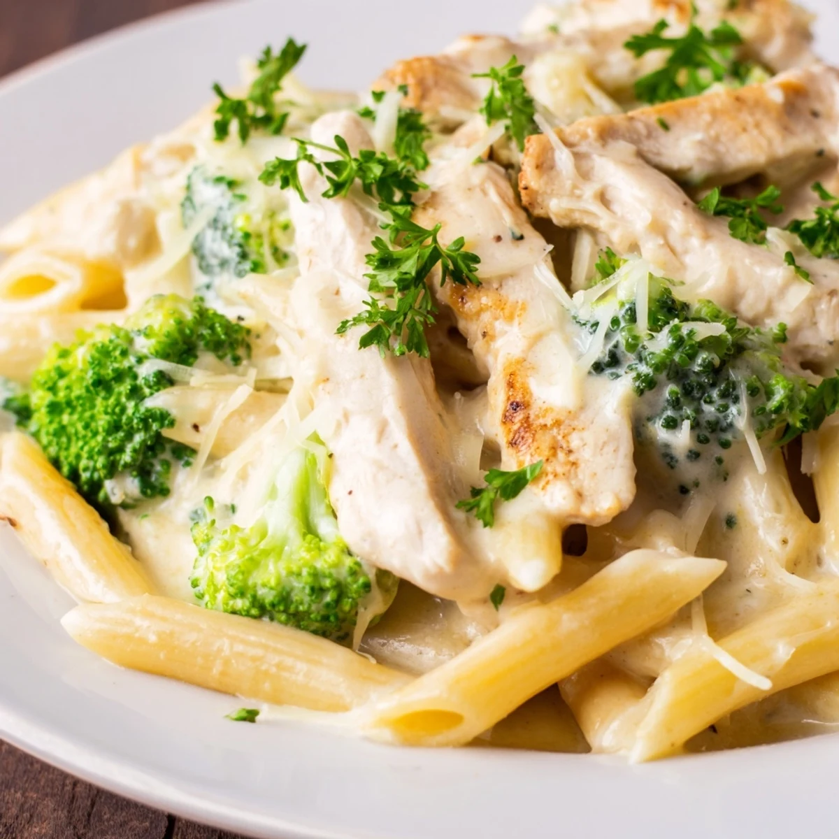 Creamy Broccoli Pasta with Chicken on a rustic wooden table, showcasing golden chicken strips and bright green broccoli florets tossed in a rich, cheesy sauce.