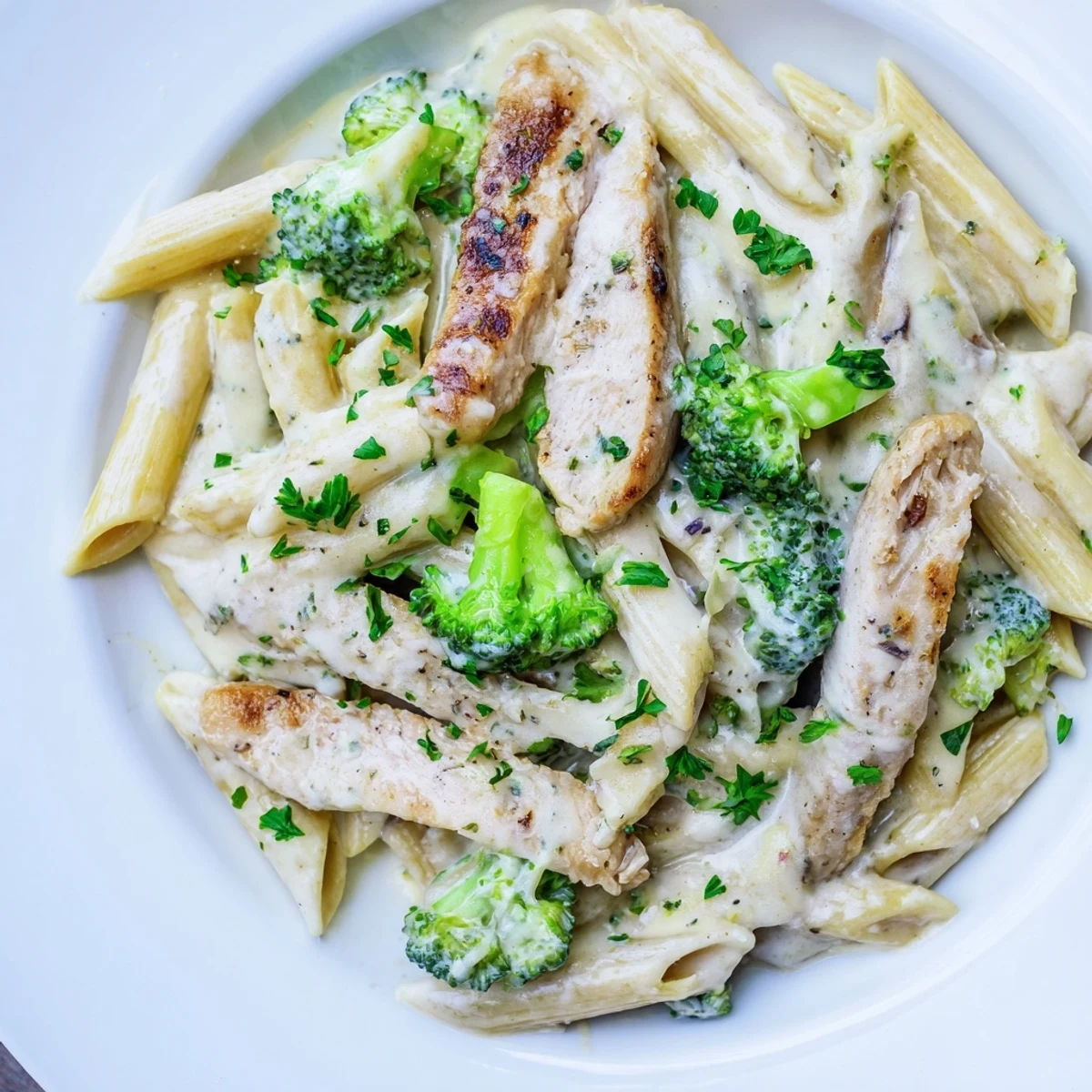 A steaming skillet of Creamy Broccoli Pasta with Chicken, ready to serve, garnished with fresh parsley and extra Parmesan for a comforting weeknight Italian-American dinner.